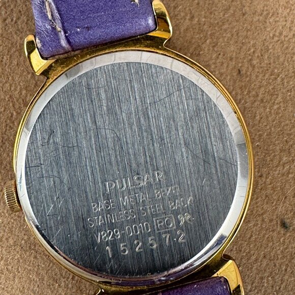 Vintage Pulsar Moon Phase Gold Tone Watch Lavender Embossed Leather Strap - Picture 6 of 7